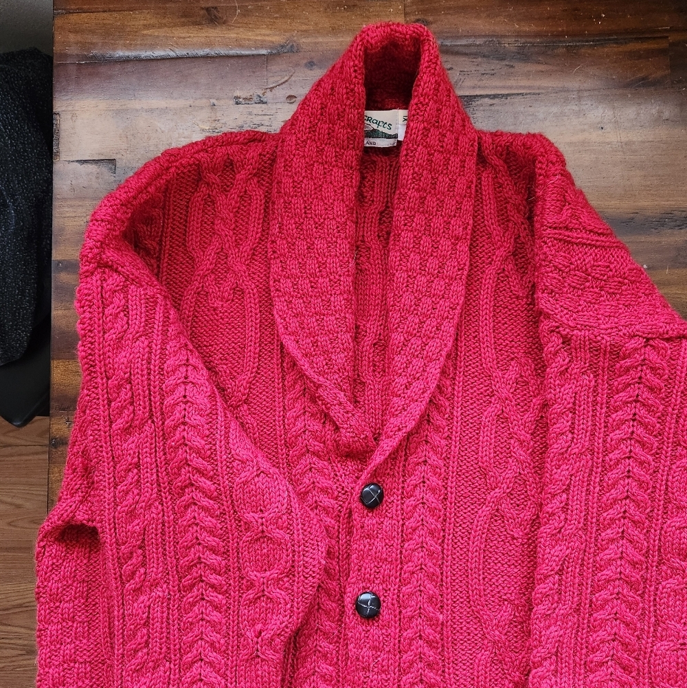 Aran Crafts 100% Red wool Cardigan Size: XL